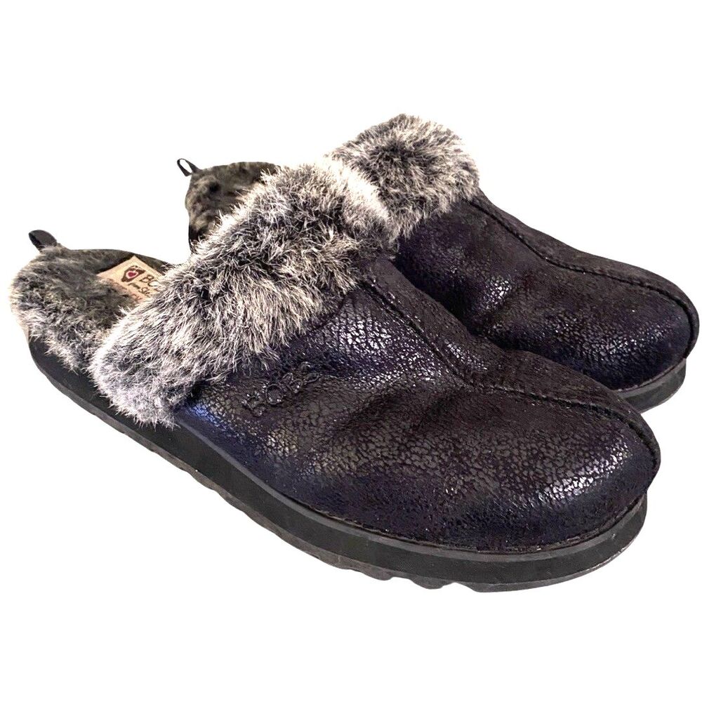 Skechers BOBS Black Sparkle Faux Fur Slip On Clog Slippers 7 Mules Cozy Granny
